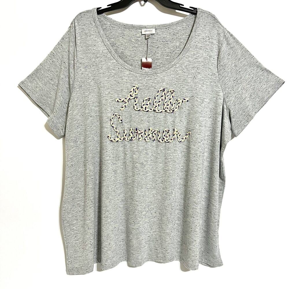 Avenue Women’s T-Shirt 26/28 Gray Hello Summer Embroidered Short Sleeve NWT